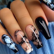 Long Coffin Press On Nails with French Tips Nude Blue Design and Emerald Rhinestones 24PCS