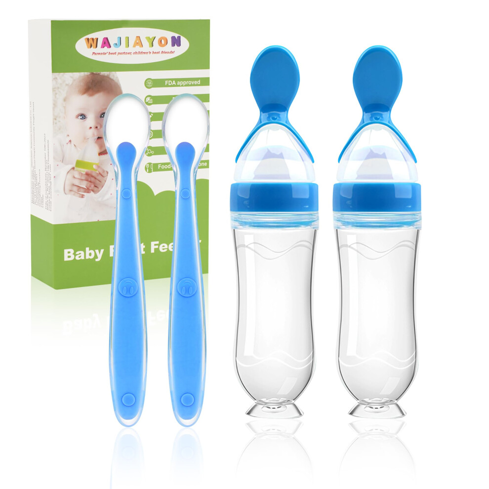 Baby Food Feeder 4 Pack Silicone Squeeze Dispensing Spoon 3Oz Self Feeding Bpa With Suction Base Blue