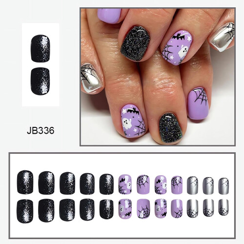 Halloween Press on Nails Purple Black Silver Ghost Spider Web Bat Design 24Pcs Reusable Set 2