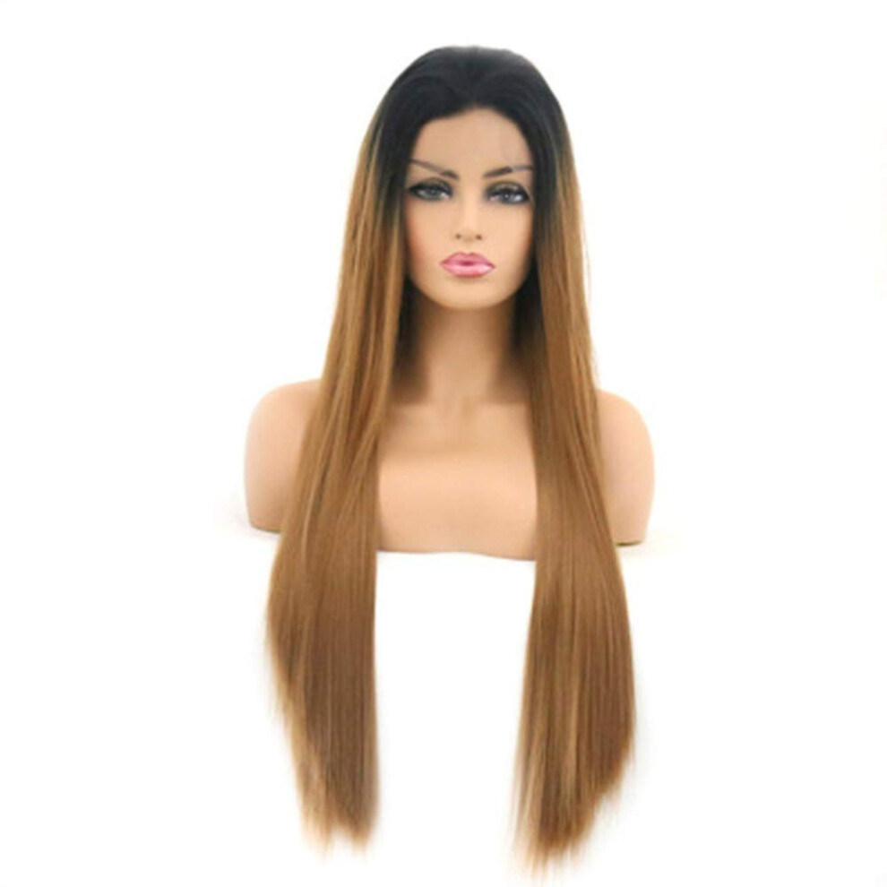 Unisex Long Straight Lace Front Wig 24 Inch Gradient Color Heat Resistant Synthetic Hair For Women