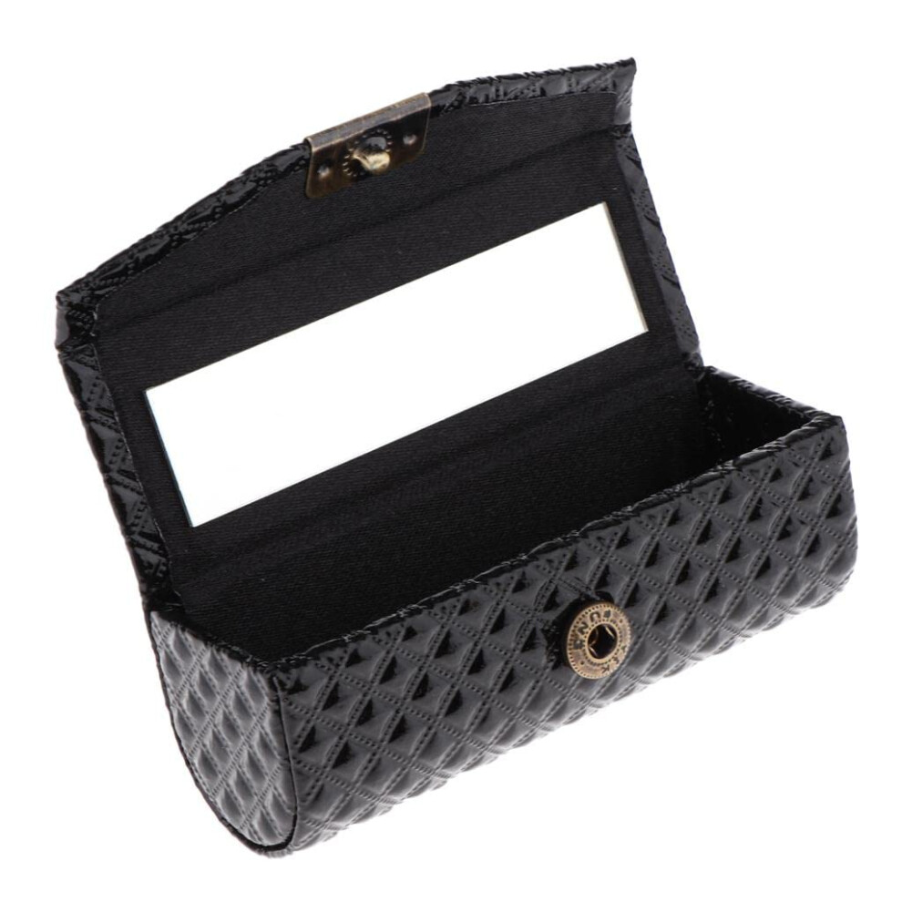 Black Lipstick Holder Case Pu Leather With Mirror, Travel Storage Organizer, 9X3.5x3.5 Cm