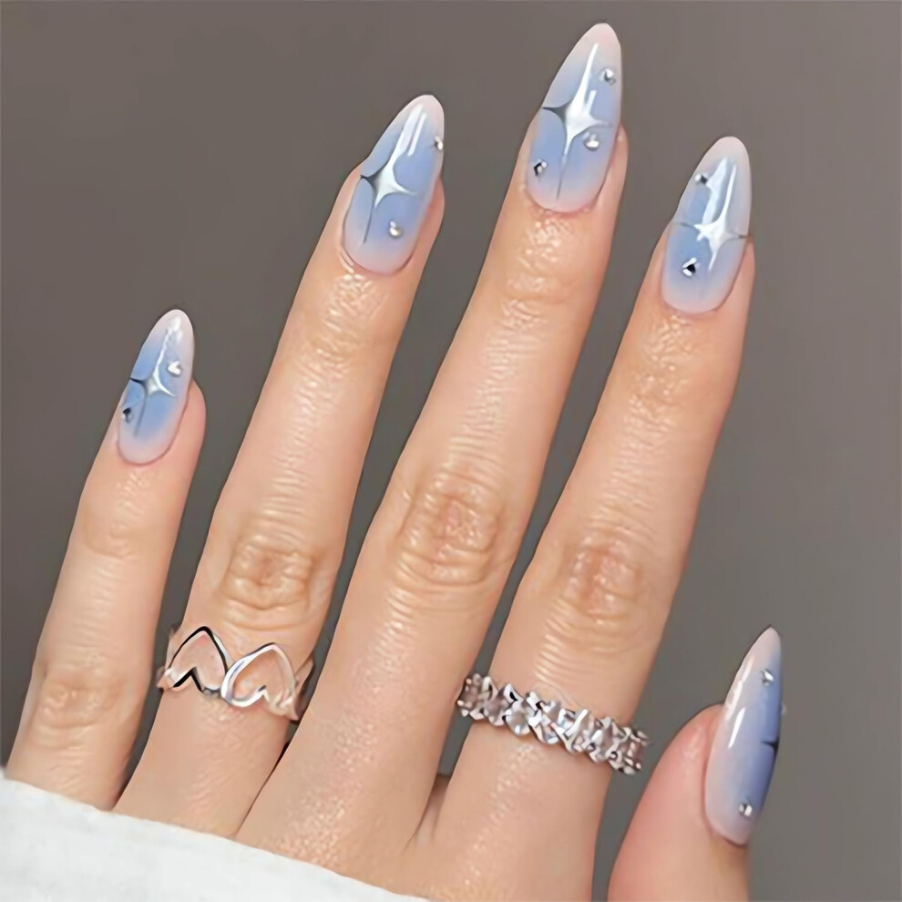 Press on Nails Almond Shape Glossy Blue Acrylic False Nails Medium Length Reusable Nail Tips 24Pcs