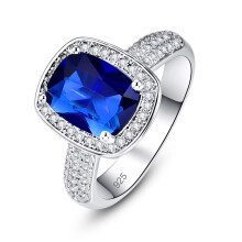 925 Sterling Silver Royal Blue Sapphire Cushion Cut Engagement Wedding Ring Size 9