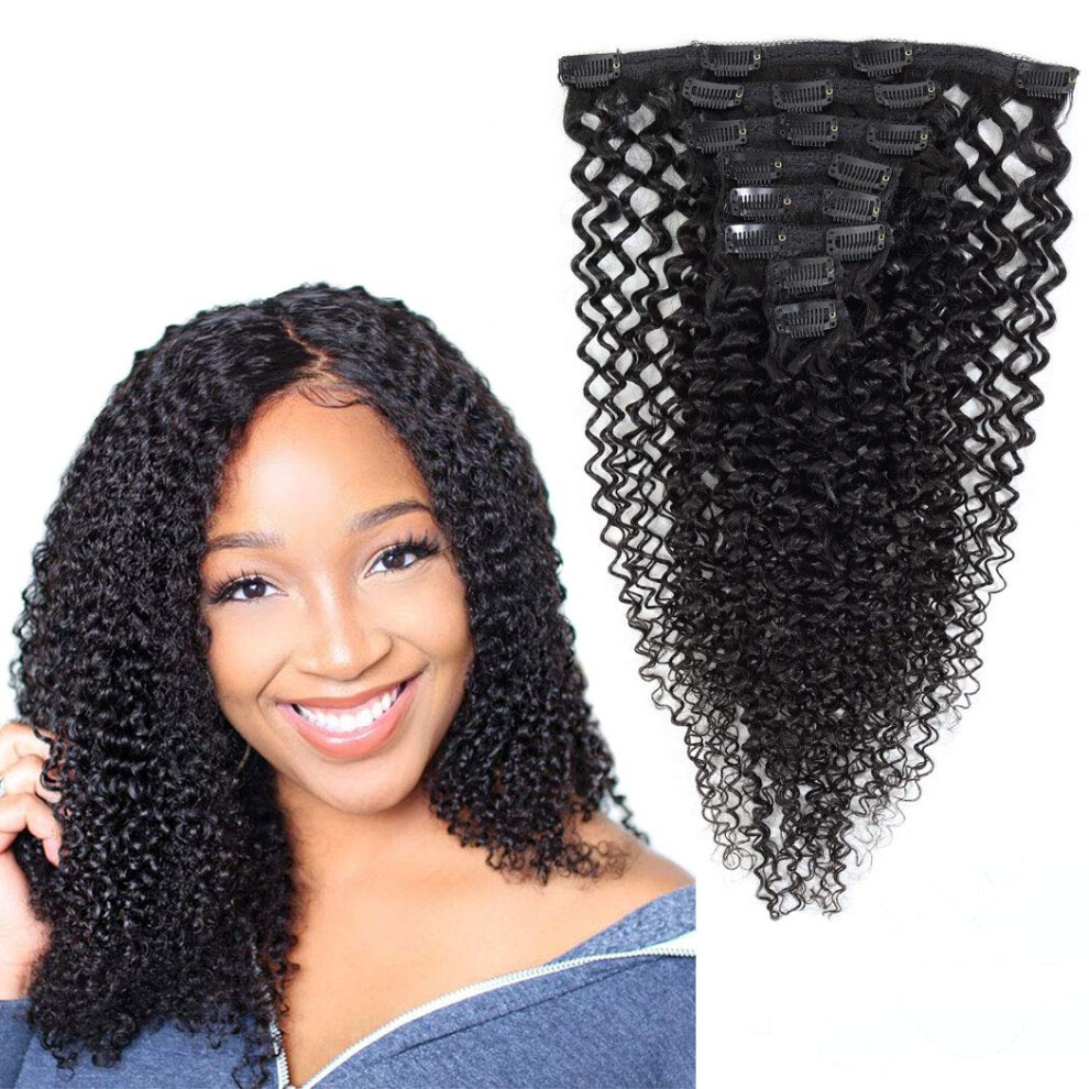 Unisex Black 20 Inch Natural Kinky Curly Clip In Human Hair Extensions Brazilian Virgin For Instant Volume Boost