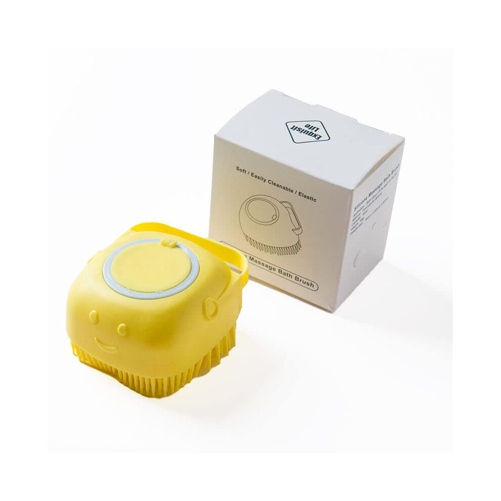 Yellow Silicone Bath Brush Body Scrubber With Builtin Soap Dispenser, Soft Bristles, Square