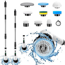 Electric Spin Scrubber with Adjustable Handle, IPX7 Waterproof Cordless Cleaning Brush, 9 Heads
