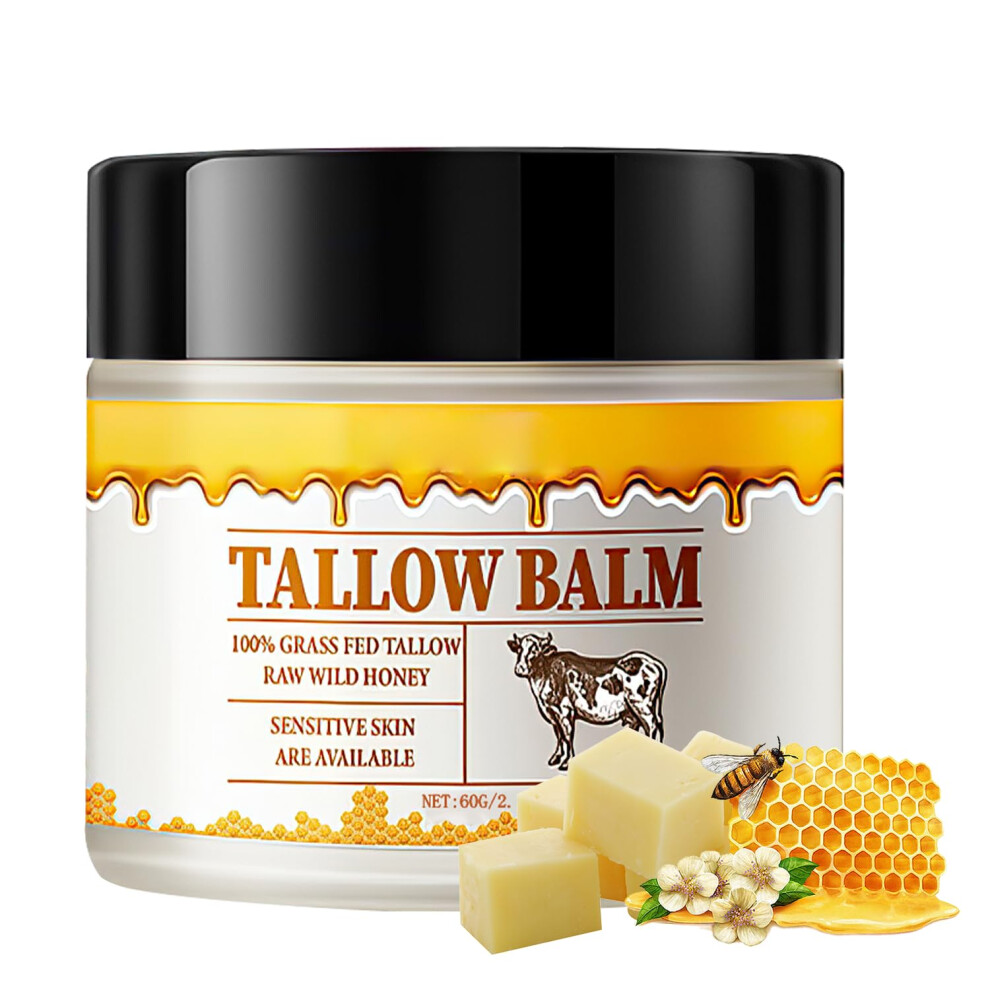 Beef Tallow Balm with Raw Honey, Grass Fed Whipped Moisturizer for Deep Hydration and Sensitive Skin