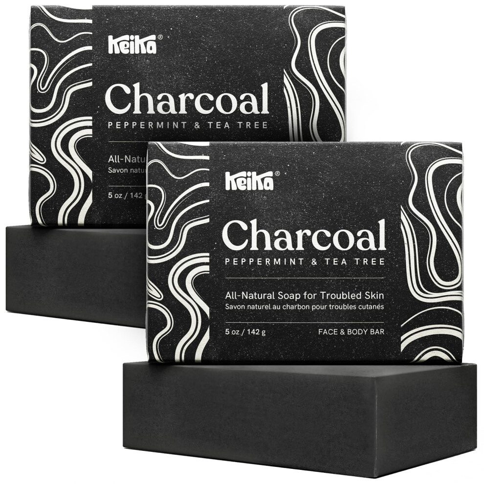 Charcoal Soap Bar for Face and Body with Peppermint Tea Tree, TripleMilled AllinOne Cleansing, 2Pack