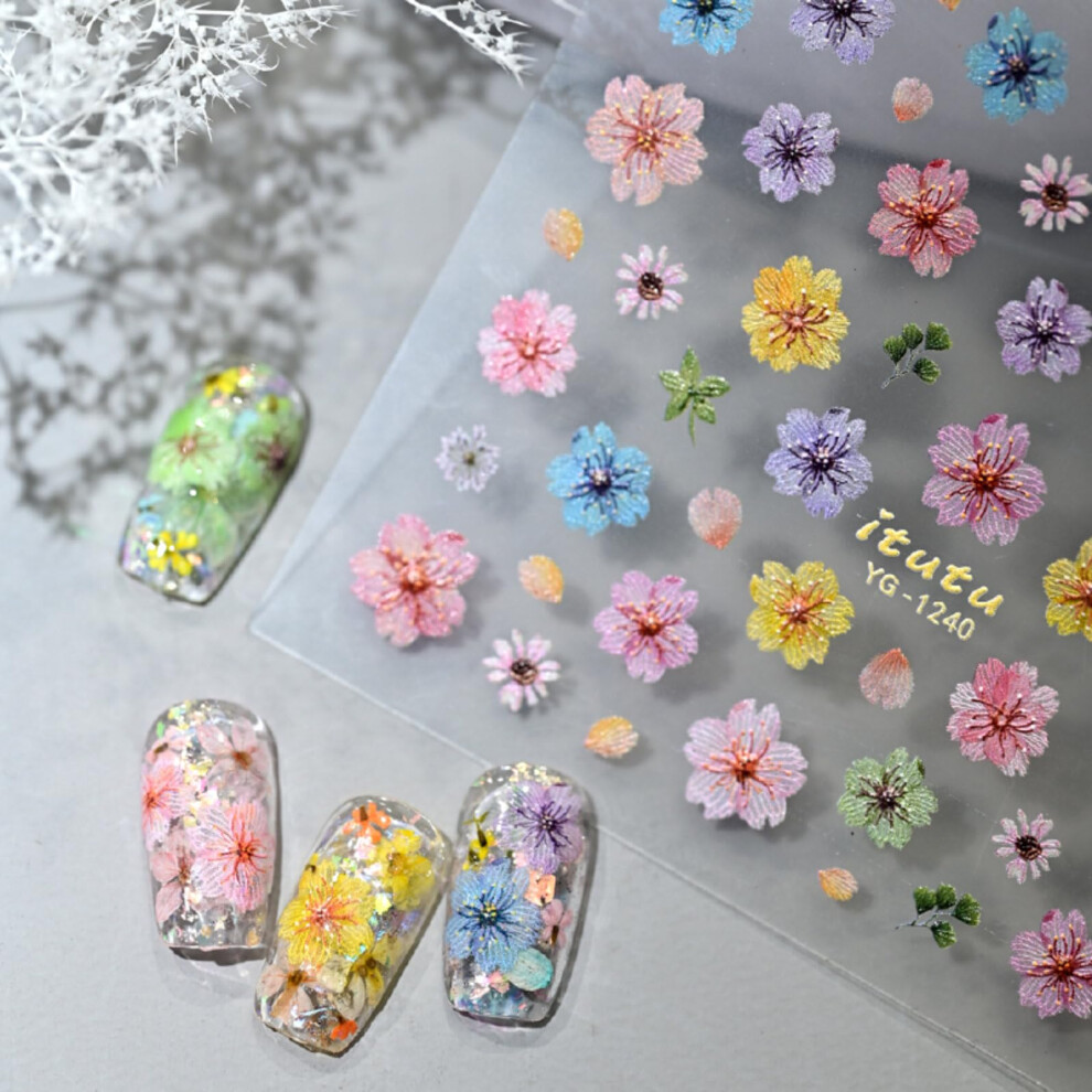 5D Embossed Flower Nail Art Stickers with Realistic Texture, SelfAdhesive Summer Floral Decals for Manicure