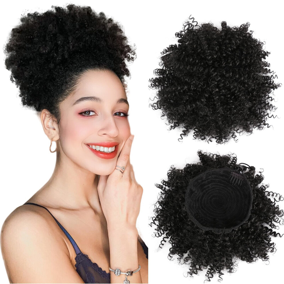 Unisex Curly Drawstring Ponytail Ombre Synthetic Afro Puff Hair Extension Short Kinky Bun With Clips #4