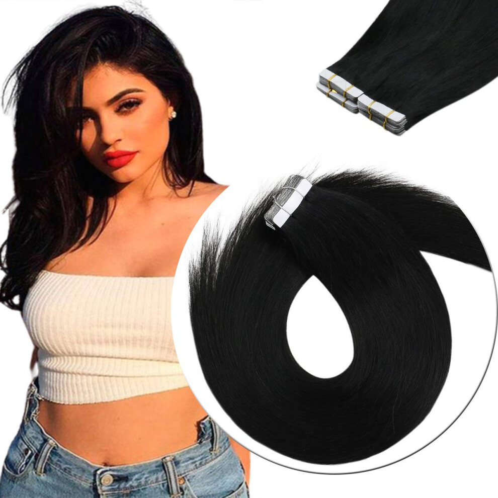 Unisex Black Tape In Human Hair Extensions 18 Inch Jet Straight Invisible Seamless Blend 40Pcs 100G Remy Human Hair For Women