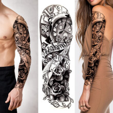 2 Sheets Large Temporary Tattoo Stickers Waterproof Flower Rose Clock Sleeve for Adults