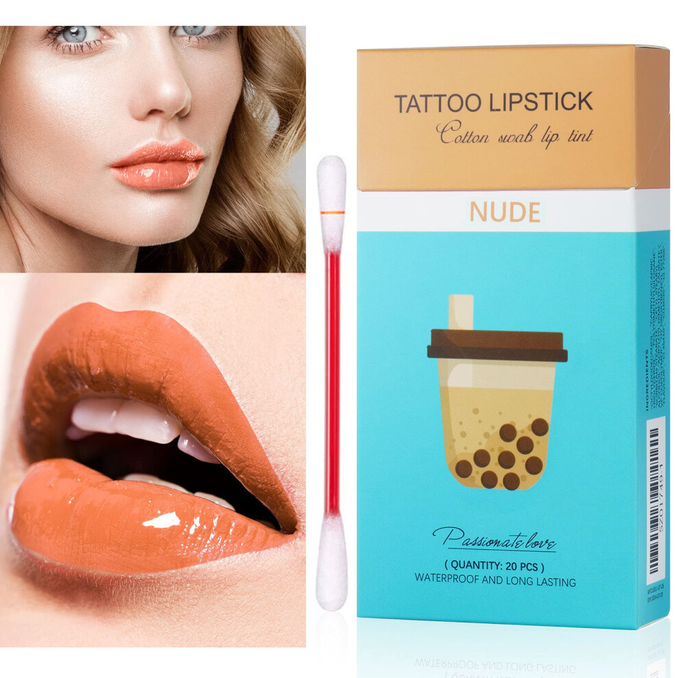 Cream 20 Pcs Long Lasting Waterproof Lip Tattoo Cotton Swab Tint In Cigarette Style Case, Nude