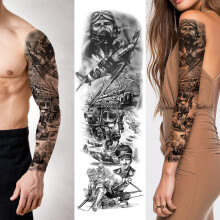 Temporary Tattoos Large Waterproof Full Sleeve Realistic War Pilot Design for Halloween Costume