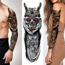 Temporary Tattoos Waterproof Fake Sleeve with Realistic Owl Skull Wolf Old School Arm Design
