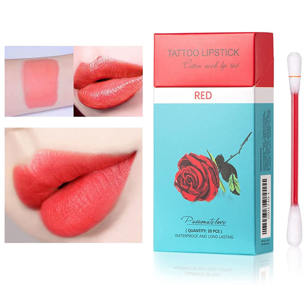 Red Liquid Lipstick Waterproof Lip Stain With Cotton Swab Applicator In Cigarettestyle Case, 20 Pcs