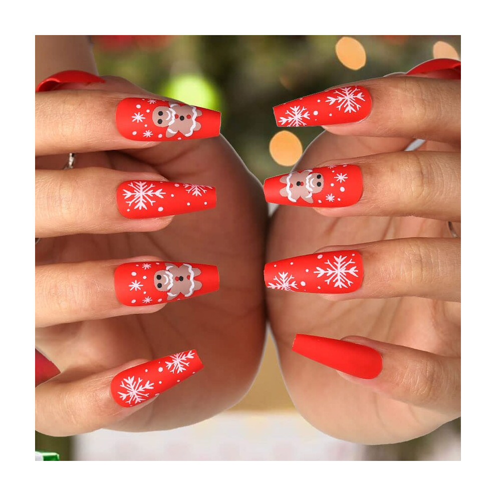 Christmas Coffin Press on Nails Long Matte Snowflake Design Reusable 24PCS Acrylic False Nails