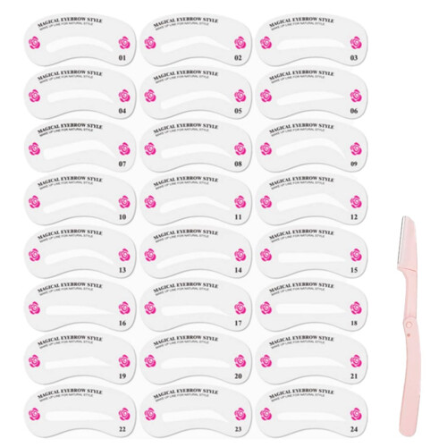 24 Eyebrow Stencil Shaping Kit with Razor, Reusable Templates for Fast Brow Shaping Multiple Styles