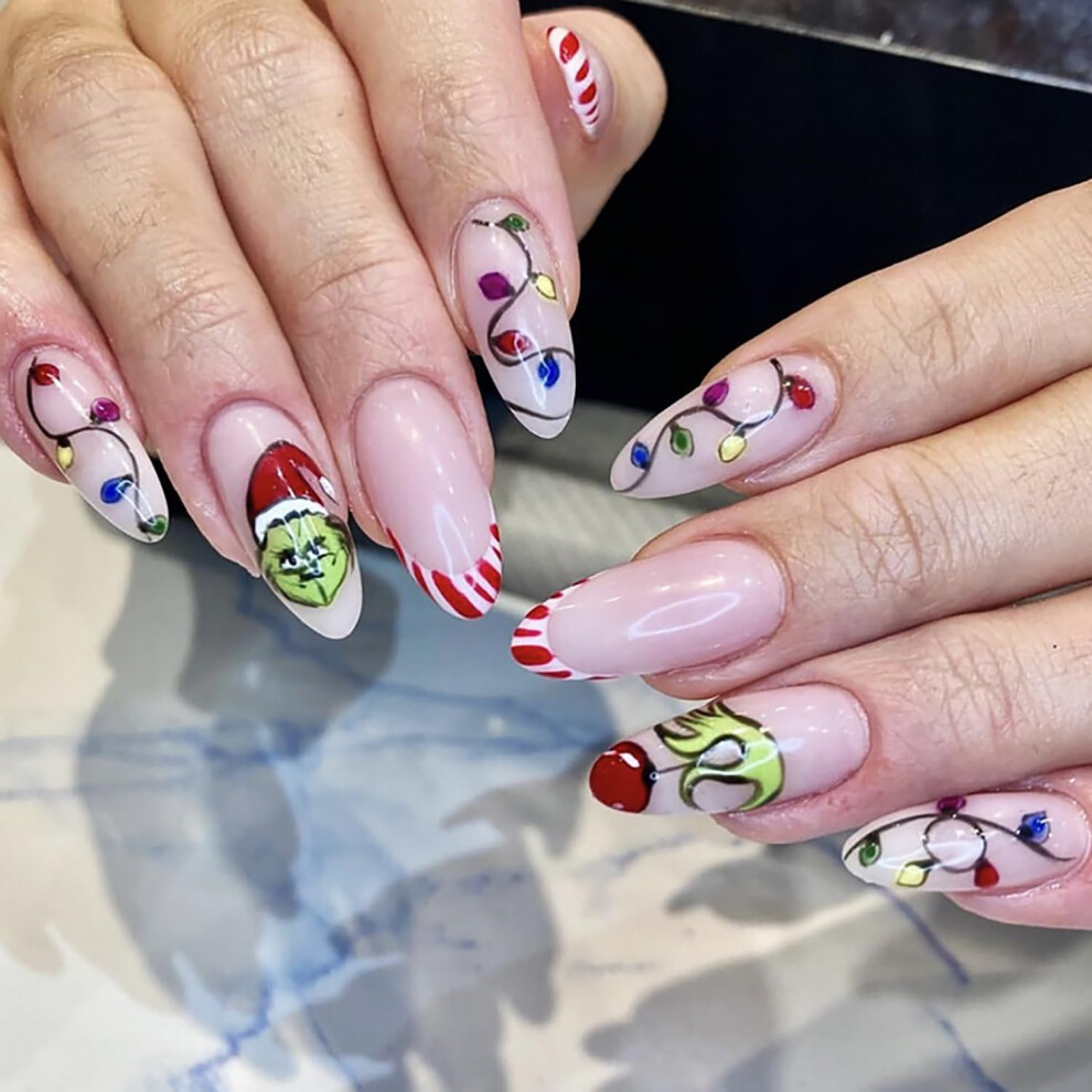 Christmas Press on Nails Medium Almond Set, Holiday Fake Nails, Reusable Winter Manicure Tips