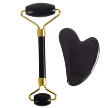 Jade Roller and Gua Sha Set Natural Black Obsidian DualEnded Facial Massage Roller for Skincare