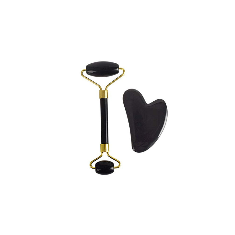 Black Jade Roller And Gua Sha Set Natural Obsidian Dualended Facial Massage Roller For Skincare