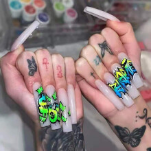 Extra Long White Press On Nails Set with Design, Reusable Fake Acrylic Glue On Nails for Women