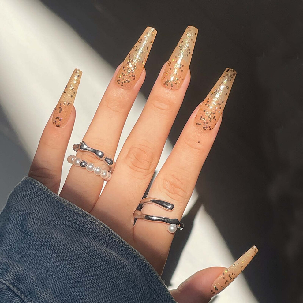 Gold Glitter Press On Nails Medium Ballerina Fake Nails With Glue SalonâQuality Gel Finish Reusable Set
