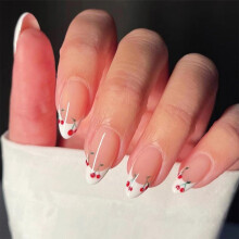 French Tip Press On Nails Almond Shape Cherry Design Acrylic Nail Kit for Women Girls