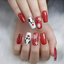 Christmas Press On Nails Red White Snowflake Design Reusable Acrylic Medium Coffin Fake Nails 24pcs