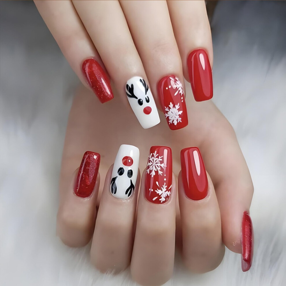 White,Red Christmas Press On Nails Red White Snowflake Design Reusable Acrylic Medium Coffin Fake Nails 24Pcs