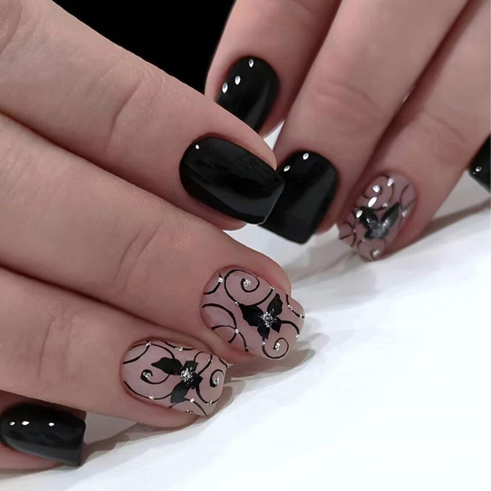 Black Butterfly Short Square Press On Nails with Rhinestones Reusable Acrylic Nail Kit 24Pcs