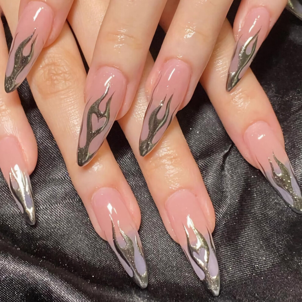 Long Stiletto Press On Nails Nude French Tip False Nails with Silver Design 24pcs Multiple Sizes