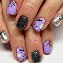 Halloween Press On Nails Short Square Purple Fake Nails with Spider Web Bat Ghost Design, 24pcs Reusable Acrylic Full Cover for Women