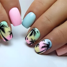 Summer Press on Nails Short Square Fake Nails with Palm Tree Design Blue Pink Reusable Acrylic Set