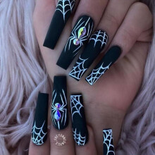 Halloween Coffin Press On Nails Matte Black with Spider Web Design 24pcs Reusable False Nail Set
