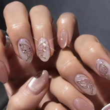 Short Almond Press on Nails Pink Glitter with Gold Butterfly Design Reusable Acrylic Set 24Pcs