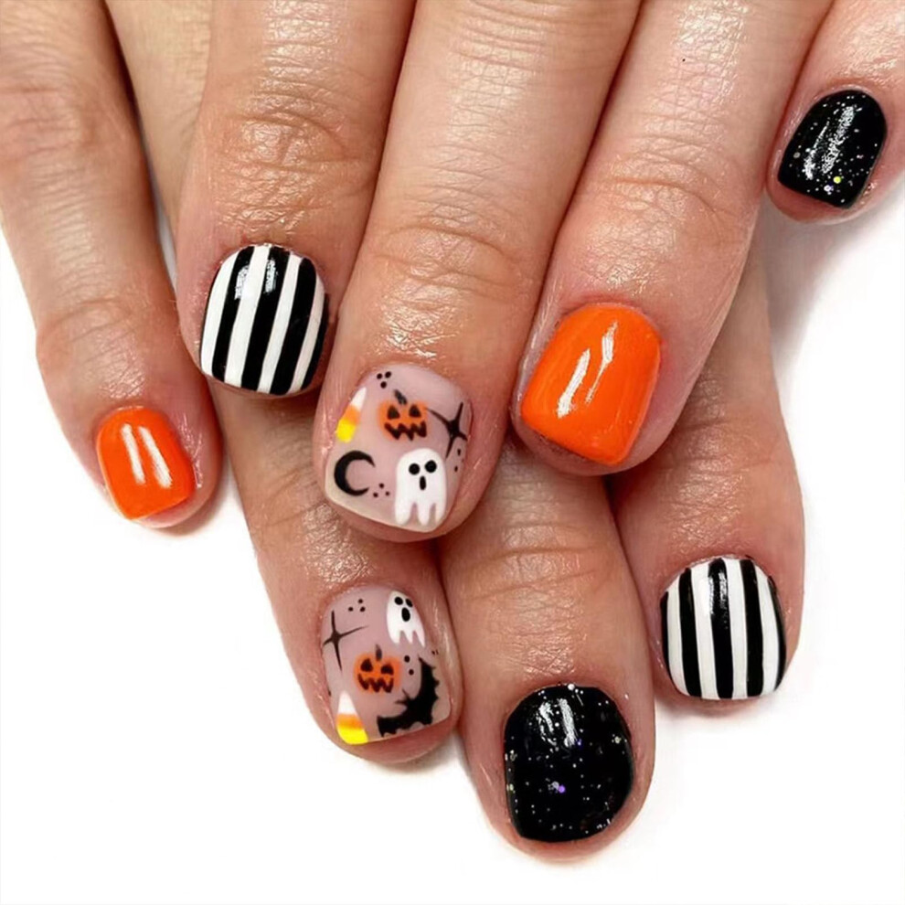 Black Halloween Press On Nails Set With Bat And Ghost Designs Orange Glitter Short Acrylic False Nails