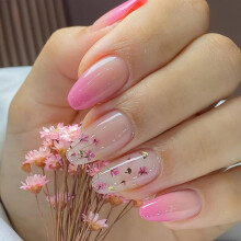 Medium Almond Press On Nails Pink French Tip Fake Nails with Floral Design Reusable 24pcs Set