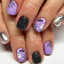 Halloween Press on Nails Purple Black Silver Ghost Spider Web Bat Design 24Pcs Reusable Set