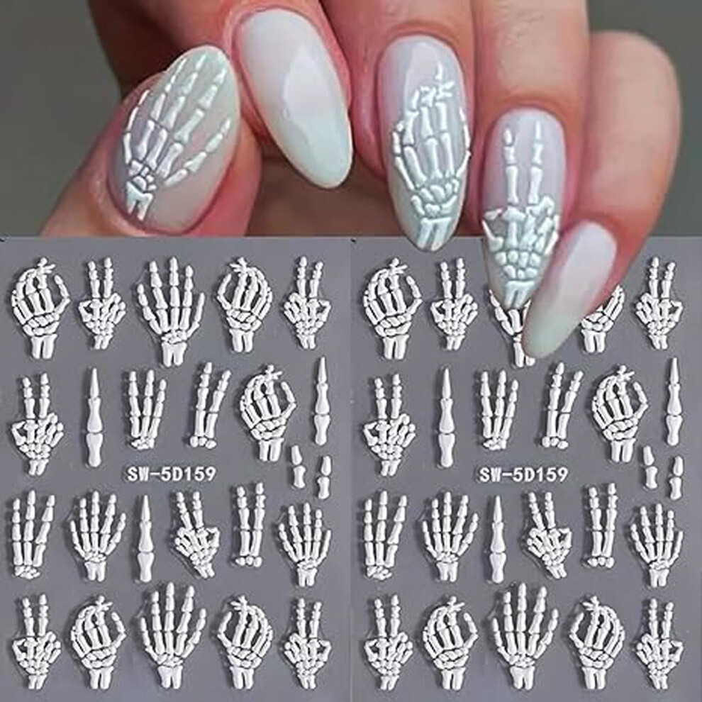 Halloween Nail Stickers 5D Embossed Texture Skeleton and Skull Nail Art Decals, 2 Sheets