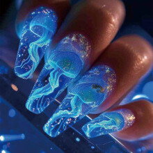 24 Pcs Ombre Blue Coffin Press on Nails Medium Length Acrylic False Nails with Glitter Design