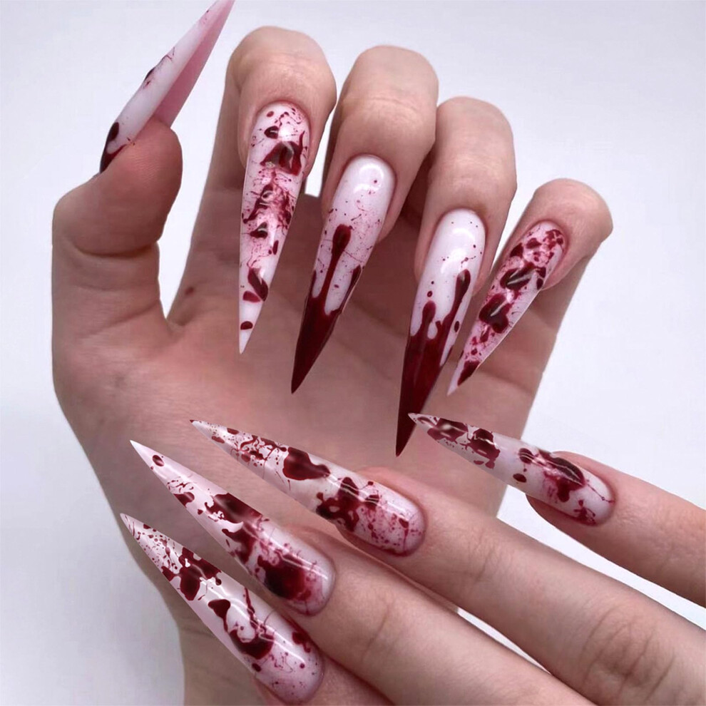 White Extra Long Stiletto Almond Press On Nails With Halloween Blood Design, Full Cover Fake Nails 24Pcs