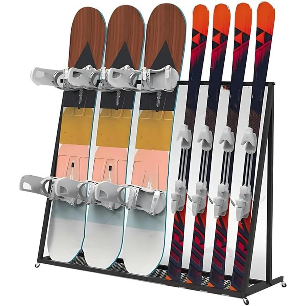 Freestanding Ski And Snowboard Storage Rack With Wheels, Heavyduty Steel Equipment Organizer Black 9169991598611