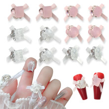 12pcs Organza Bow Rhinestone Nail Art Charms Pink 3D Decorations for Women Manicure