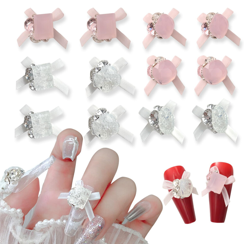 12pcs Organza Bow Rhinestone Nail Art Charms Pink 3D Decorations for Women Manicure