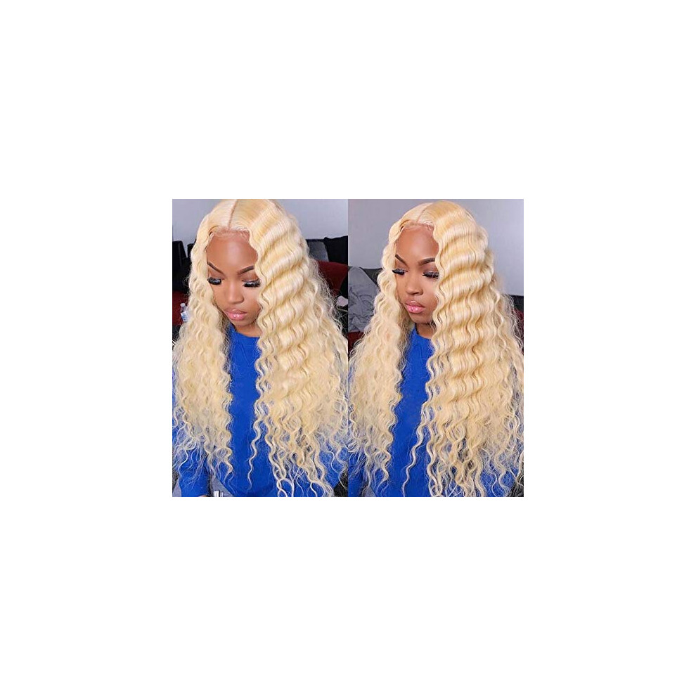 Unisex 613 Blonde Glueless Human Hair Lace Front Wig 14 Inch Deep Wave Pre Plucked Remy With Baby Hair
