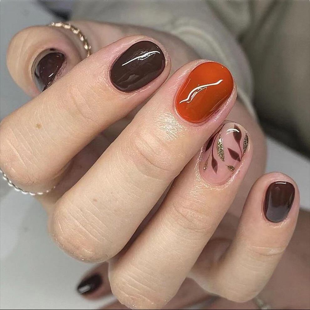 Short Square Press On Nails Brown Glossy Fake Nails with Gold Glitter Autumn Leaf Design 24pcs