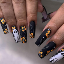 Halloween Long Coffin Press On Nails Black Matte Fake Nails with Ghost Flower Design 24PCS