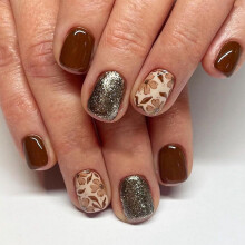 Short Square Press on Nails Acrylic False Nails with Glue Brown and Silver Glitter Floral 24 Pcs