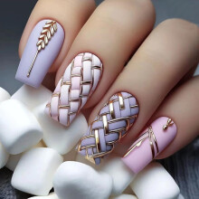 24 Pcs Purple Press on Nails Medium Square Gold Glitter Fake Nails with Plaid Wheat Ears Design Reusable Full Cover Acrylic